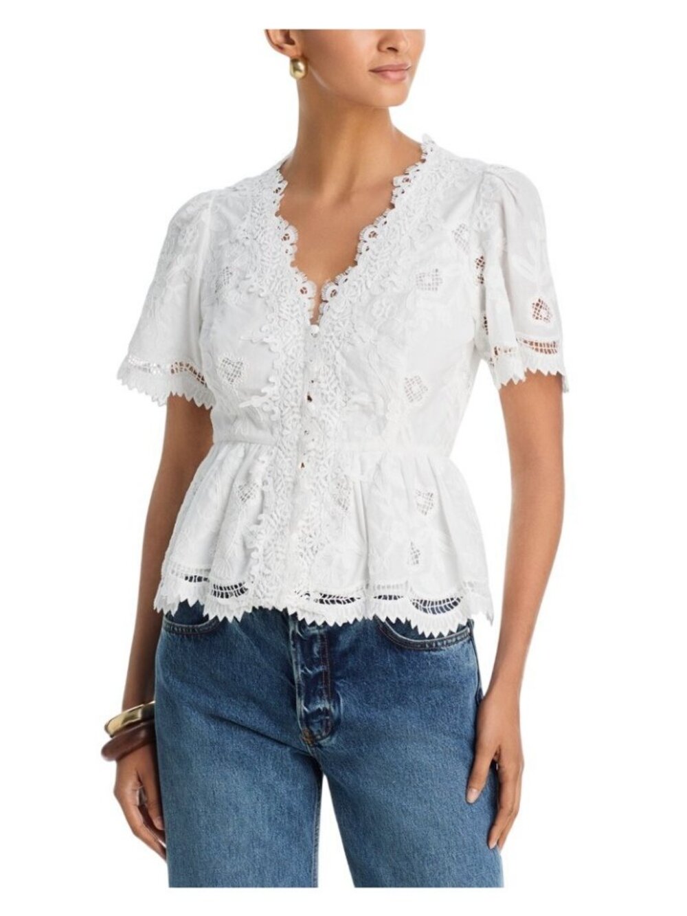 NWT Aqua Embroidered Lace Button-Down V-Neck Top IBO27123 White 2XS
